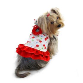 Soft Knit Cotton Cherries Dress w/Shoulder Ties (Color: Red/White, size: S)