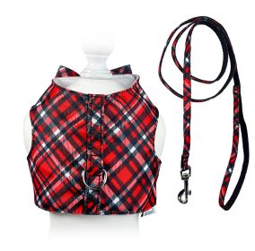 Red Plaid Harness Vest with Matching Leash (Color: Red, size: M)